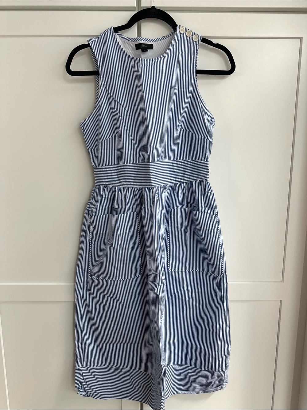 J. Crew Blue and White Striped Sleeveless Midi Dress with Button-Shoulder